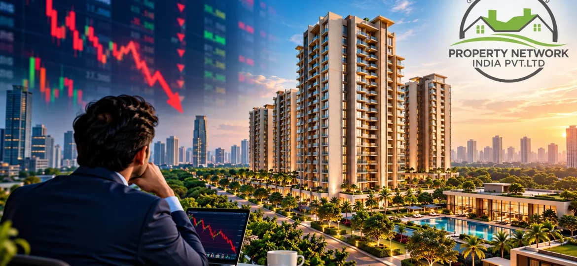 Sensex and Nifty falling in 2026 while investors evaluate Noida real estate investment opportunities.